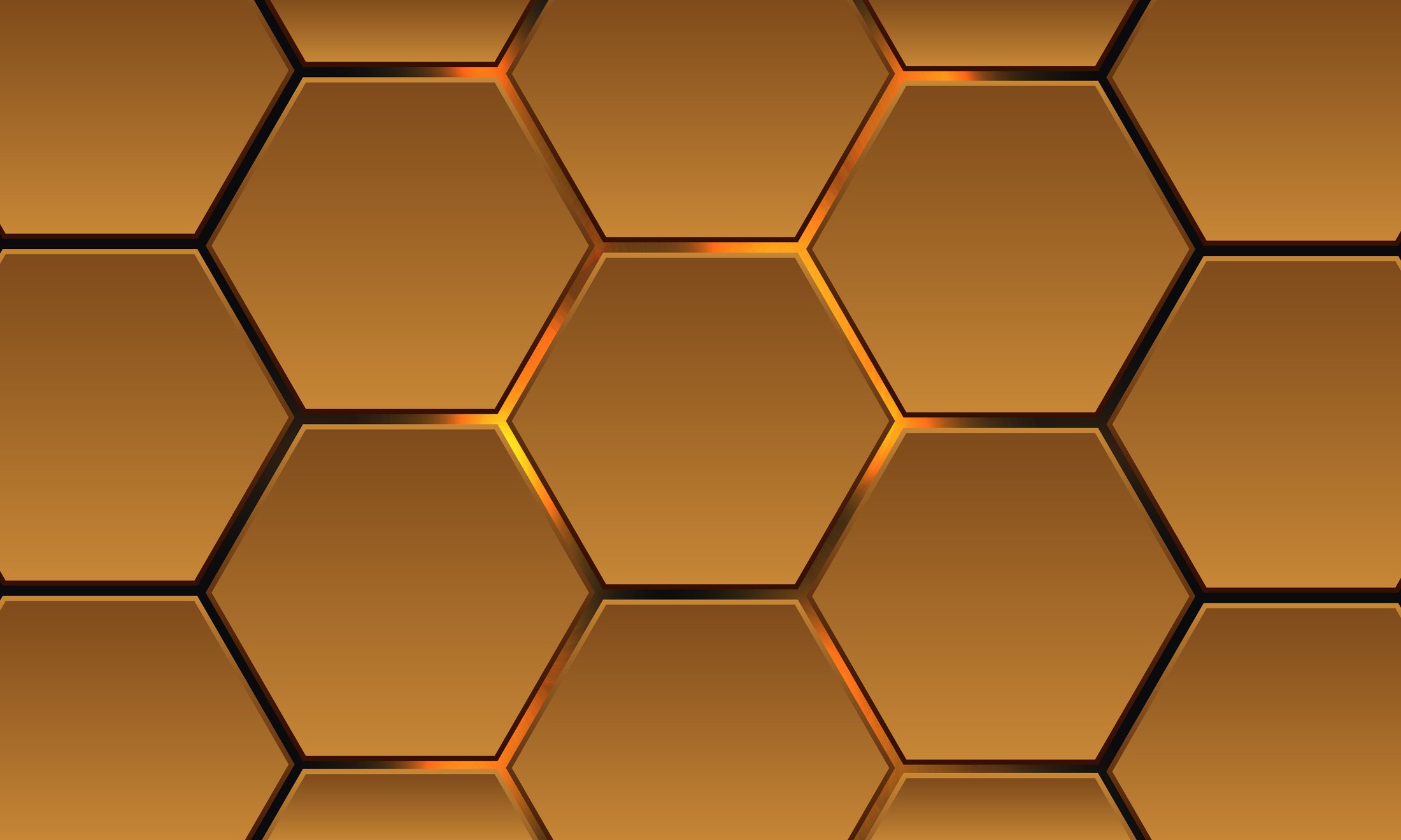 3d gold hexagonal technology abstract background with flashes under hexagon.